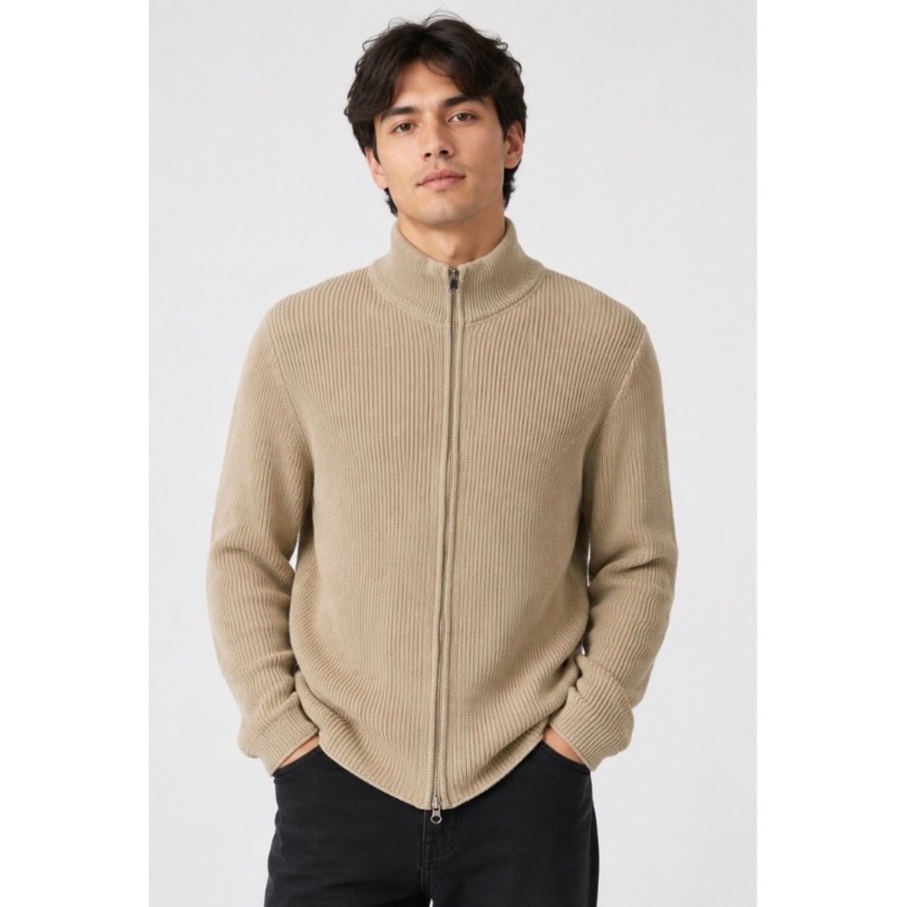 Boggi Milano Full Zip Sweater Men's Large Beige Made in Italy Luxury Knit